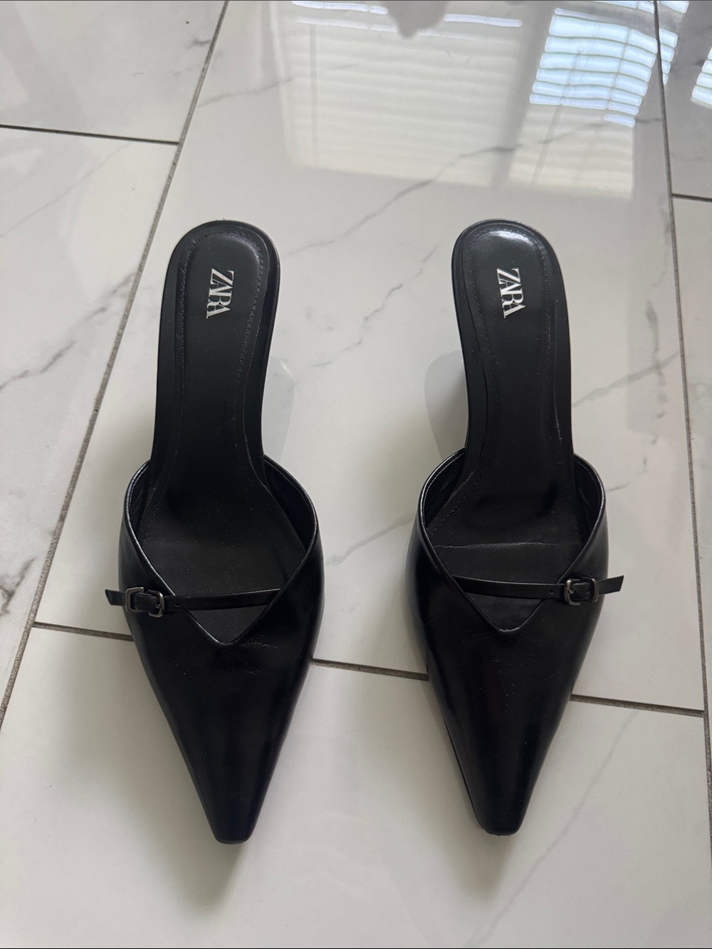 ZARA Black Pointed Buckle Mules